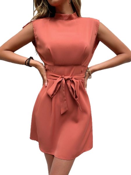 

mock neck keyhole back belted dress q7d0#, Black;gray