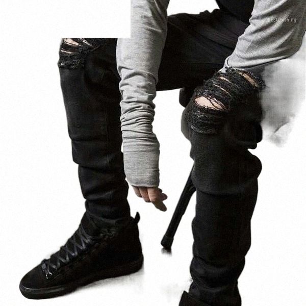 

men's jeans fashion mens straight slim fit biker pants distressed skinny ripped destroyed denim washed hiphop trousers black1 d35n#, Blue