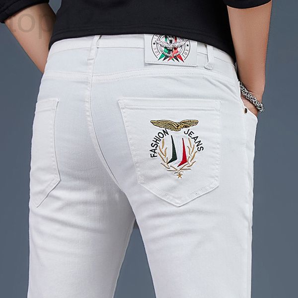 

men's jeans designer hong kong high-end white jeans men's spring and summer new elastic embroidery casual versatile slim leggings, Blue