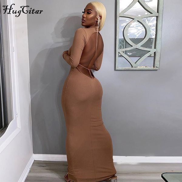 

2022 long sleeve solid backless skinny ribbed maxi dress autumn winter women fashion party club outfits, Black;gray