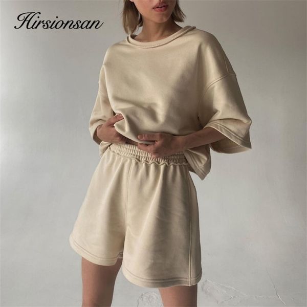 

hirsionsan summer 100% cotton set casual two pieces t shirts and elastic waist shorts pants loose soft rose red tracksuit 220712, Gray