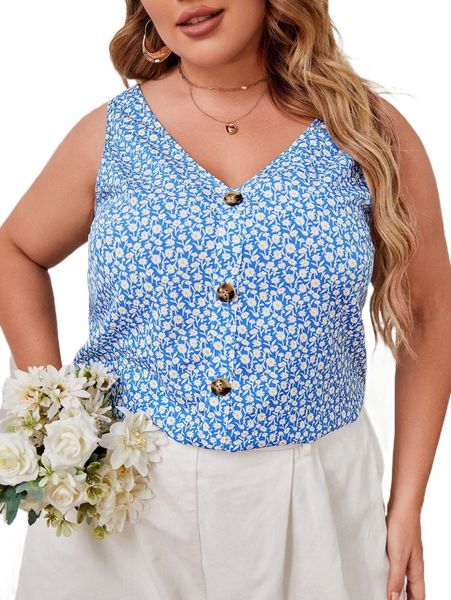 

plus ditsy floral print button front tank w6c2#, Black