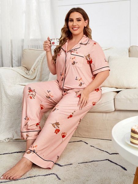 

plus floral print contrast tipping pajama set r82d#, Black;white