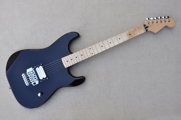 

factory custom black electric guitar with maple fretboard,chrome hardware,h pickups,double rock tremolo bridge,can be customized