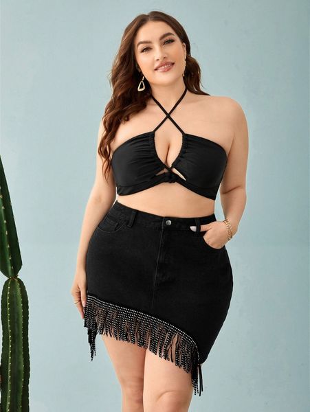 

plus rhinestone fringe asymmetrical hem denim skirt t2sb#, Black