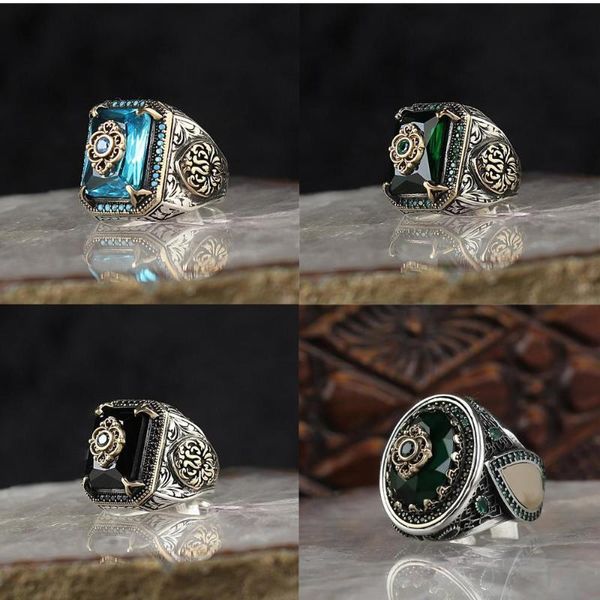 Eheringe, trendiger islamischer religiöser muslimischer Schmuck, Retro-handgefertigter türkischer Ring für Männer, Vintage-Adlermuster, blauer Zirkon, Punk-Ringe