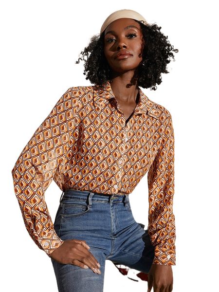 

geo print button front shirt c1hx#, White