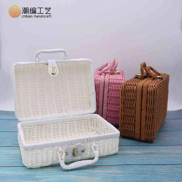 

cosmetics finishing rattan props suitcase with hand gift box solid pp woven storage 220518