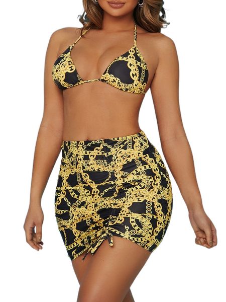 

sxy chain print halter triangle bikini swimsuit with beach skirt d3tw#, White;black