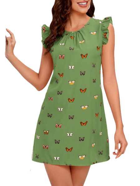 

butterfly print ruffle armhole dress z2zh#, Black;gray