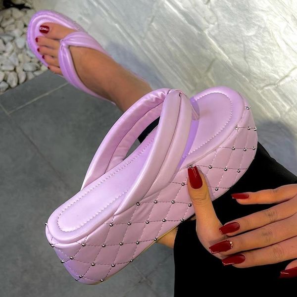 

summer woman flip flops solid color platform rivet slippers platform high heel slides ladies shoes fashion casual home sandals, Black