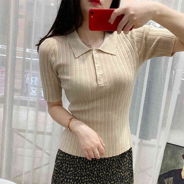 

women's t-shirt fadan  family summer polo lapel pearl buckle vertical slim fitting sweater wool women's short sleeve t-shirt zjvh, White