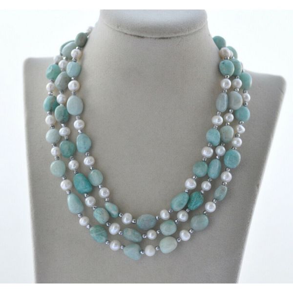 

50&quot 12mm blue baroque aquamarine white pearl necklace magnet, Silver