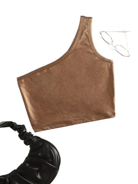 

one shoulder crop pu leather 50bw#, White