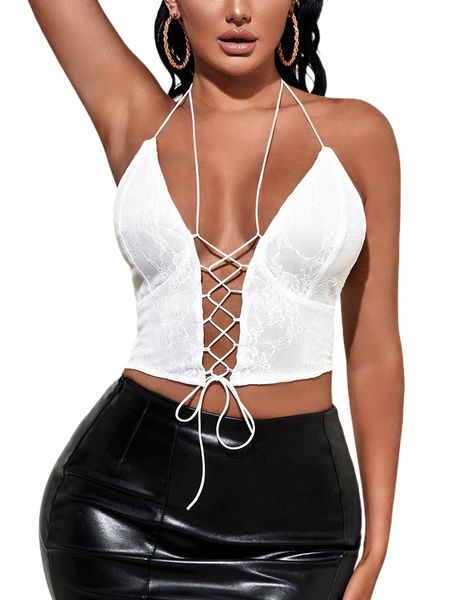 

lace up front backless crop halter e1q5#, White