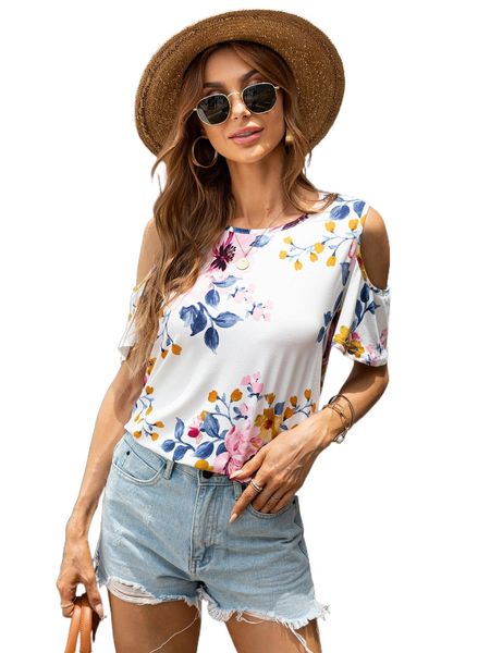

dearcase cold shoulder floral print tee 690m#, White