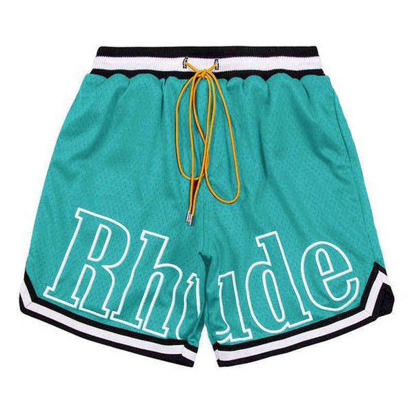 

men women casual mesh leather embroidered track breathable 2023ss rhude elastic waist drawstring shorts pants hkju, White;black