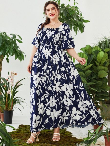 

plus floral print shirred frill trim butterfly sleeve dress f1bd#, Black