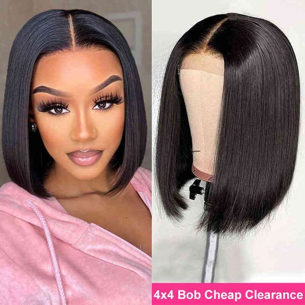 

nxy wigs 15a short bob bone straight human hair 4x4 lace closure front for women remy220701, Black;brown