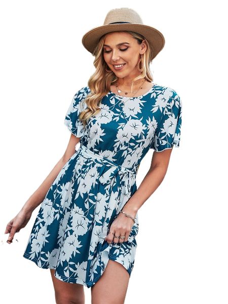 

allover floral print butterfly sleeve belted dress d4q1#, Black;gray