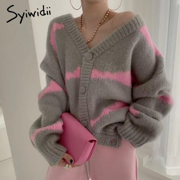 

syiwidii striped sweater woman cardigan fall 2021 korean new knitted jackets single breasted v neck long sleeve loose coats, White;black
