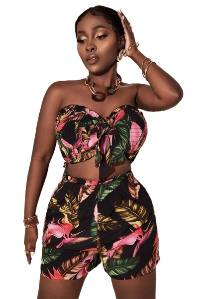 

tropical print frill trim shirred tie front crop tube & shorts p2q9#, White