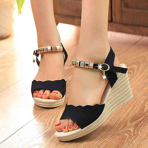 

women sandals summer 2022 wedge buckle heel sandalias fashion platform open toe shoes outdoor non-slip female footwear new shoe y220421, Black