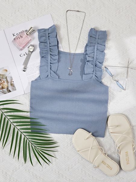 

frill rib-knit crop v2nb#, White;black