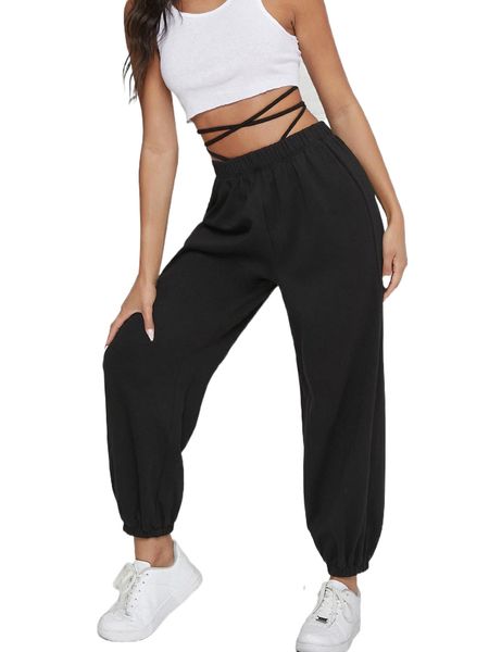 

crisscross self-tie high waisted joggers d3qd#, Black;white