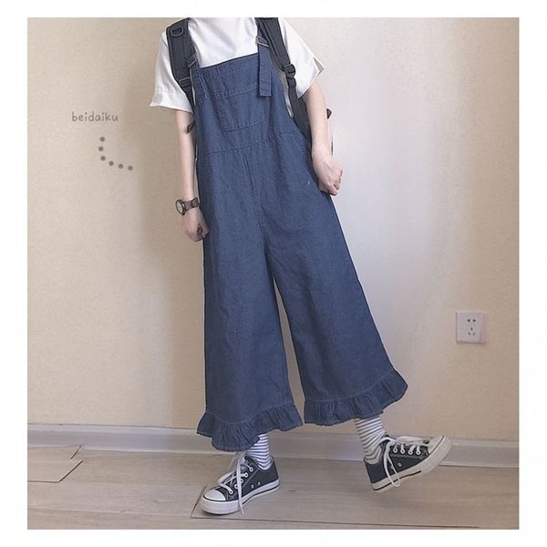 

korean style women casual ruffles denim jumpsuits romper vintage suspender bib overall new spring loose wide legs jumpsuits y200904, Black;white