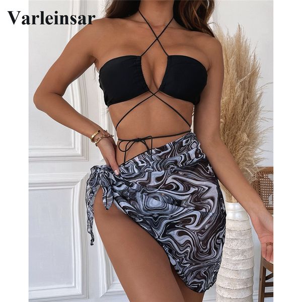 

3 pcs with sarong micro thong halter bikini female swimsuit women swimwear three-piece bikini set bather bathing suit swim v3111, White;black