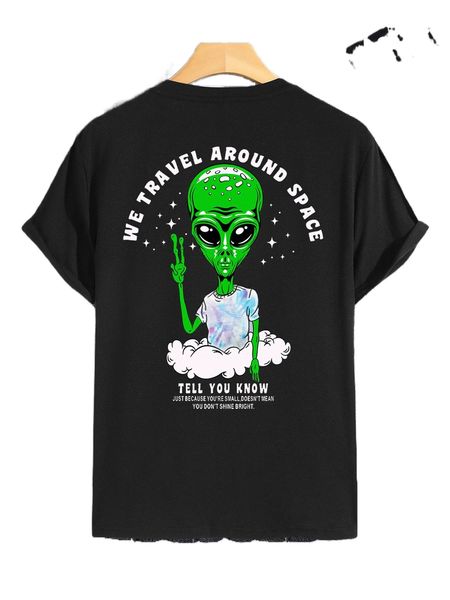 

men slogan & alien print tee 37fo#, White;black