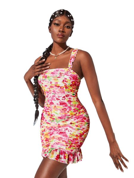 

allover floral print ruched ruffle hem cami dress d0my#, Black;gray