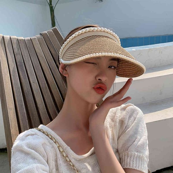 

straw hat women's summer korean version versatile travel sun protection pearl empty seaside holiday beach hat tide, Blue;gray