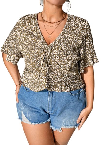 

plus ditsy floral drawstring front flounce sleeve blouse w2kn#, Black