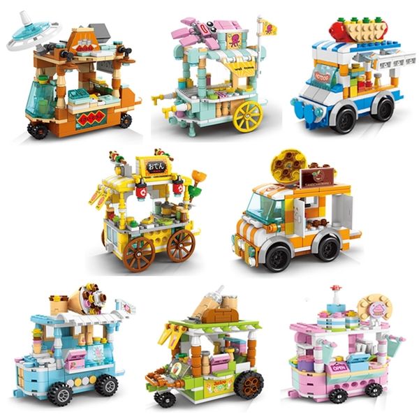 City Street Shop Arabası Sapı Taşları Uyumlu Mini Klasik Tuğlalar Dondurma Fast Food Store Çocuklar Yaratıcı Oyuncaklar Çocuk Hediyeleri 220715