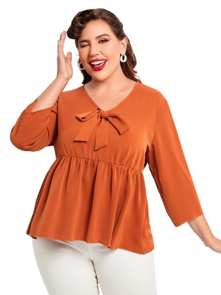 

plus tie neck peplum blouse e6bv#, Black