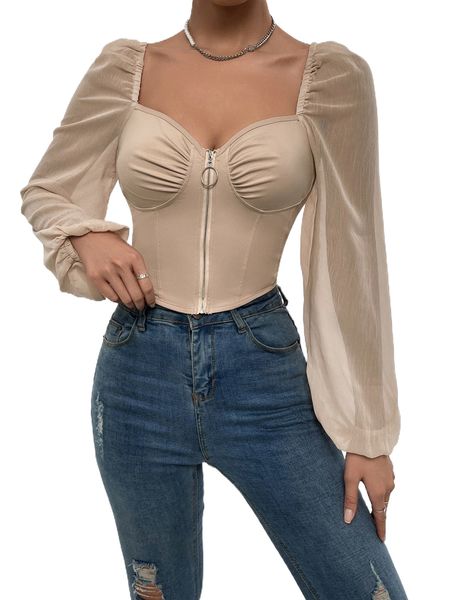 

lantern sleeve zip up bustier 96pl#, White