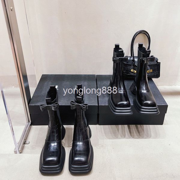 

boots high end quality autumn winter bow short boots thick high heels waterproof platform tube women, Black