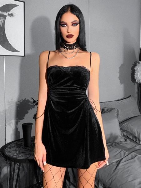 

lace trim drawstring cut out velvet cami dress l8mf#, Black;gray
