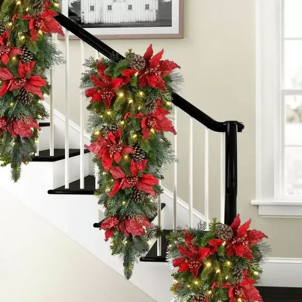 Flores decorativas Wreaths Christmas LED Wrinalh Garlands Decoração sem fio Stairs Prelit Lights Up Navidad Xmas Decor Adornos de GF1117S5