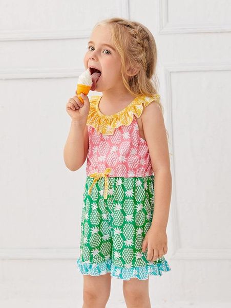

toddler girls ruffle trim pineapple colorblock romper she, Blue