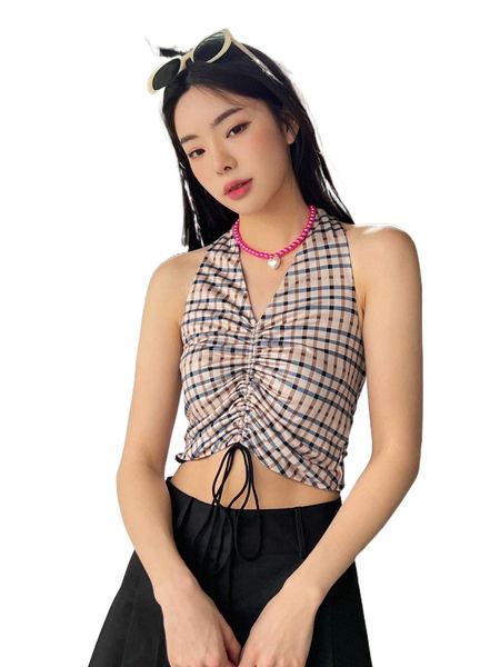 

dazy plaid drawstring front backless knot halter e59c#, White