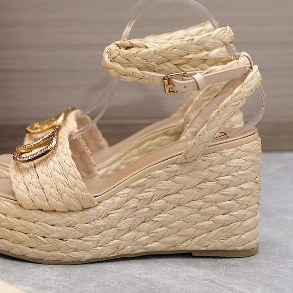 

straw sandals slope heels women designer shoes classic metal buckle 100% leather ankle wrap womens shoe 11cm high heeled platform rome sanda, Black