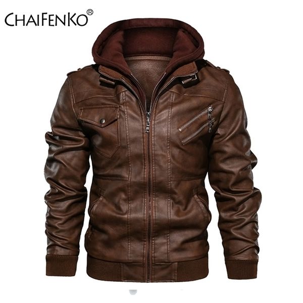 

chaifenko winter brand warm men leather jacket motorcycle stand collar with cap leather coats men fashion casual pu men jacket 201127, Black;brown