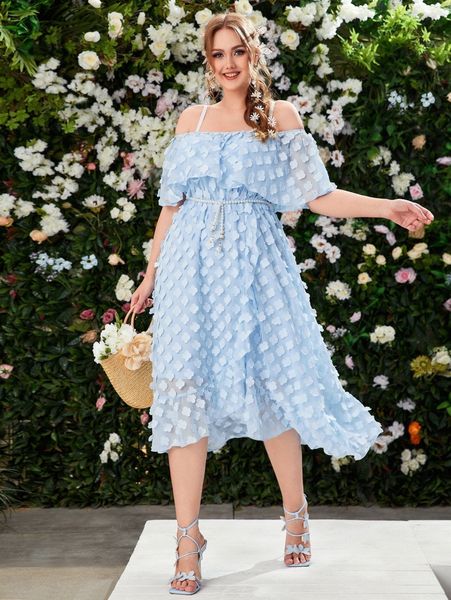 

plus cold shoulder ruffle detail applique overlay dress without belt f3e9#, Black