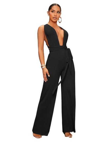 

sxy plunging neck crisscross back tie front jumpsuit z6pc#, Black;white