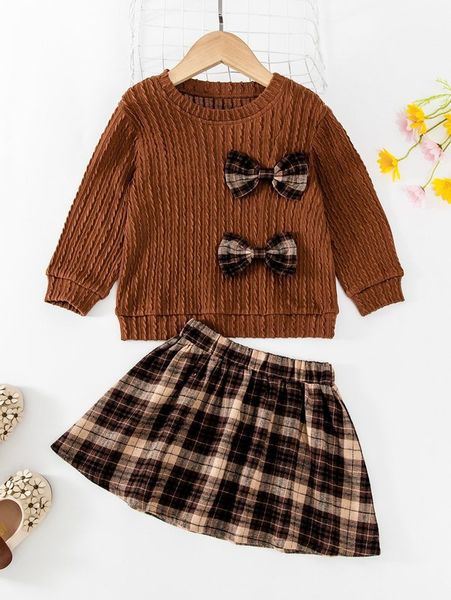

toddler girls cable textured bow front pullover & plaid skirt she, White