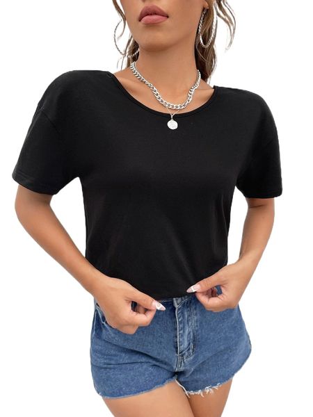 

cut out tie backless drop shoulder tee v0x4#, White