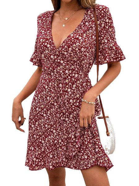 

floral print flounce sleeve wrap knot front dress 99fl#, Black;gray